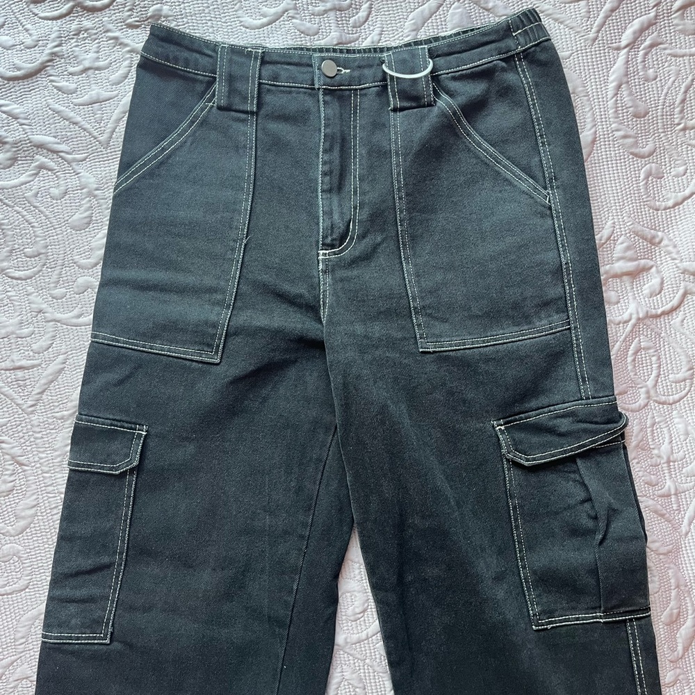 Black Cargo Jeans with Contrast Stitching